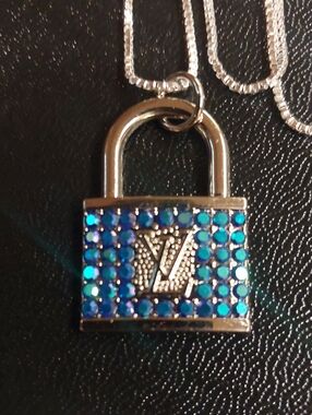 LV Silver Padlock Charm Pendant Necklace with Blue and Aqua Crystals 925 SS